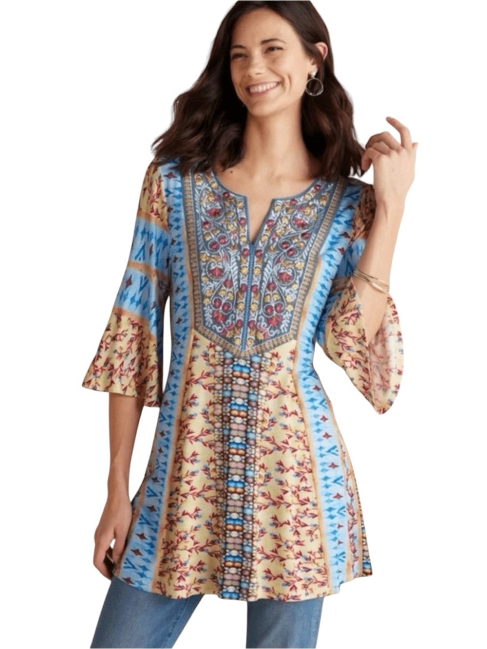Soft Surroundings Fifi Floral blue and yellow mixed print Embroidered Tunic XL